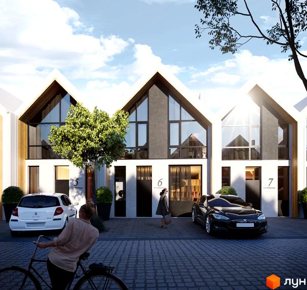 Котеджне містечко КМ Comfort Life Villas. Зовнішній вигляд триповерхових будинків з великими вікнами та двосхилими дахами, прибудинкова територія з автомобілями та пішохідною доріжкою.