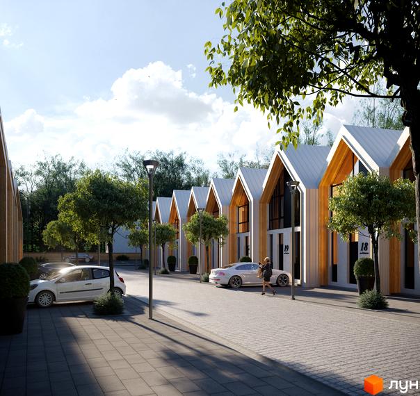 Котеджне містечко КМ Comfort Life Villas з сучасними будинками та доглянутою прибудинковою територією. На зображенні видно фасади будинків, вікна, дахи та автомобілі на вулиці.