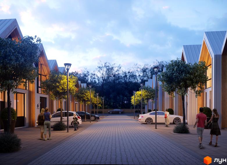 Котеджне містечко КМ Comfort Life Villas з сучасними будинками та доглянутою прибудинковою територією з деревами та освітленням.