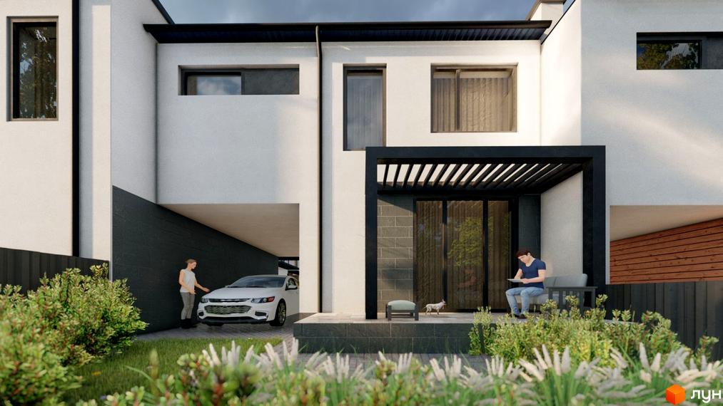 Зображення таунхаусу Lermontov з білим фасадом та чорним дахом. На подвір'ї припаркований автомобіль, біля будинку відпочиває чоловік.