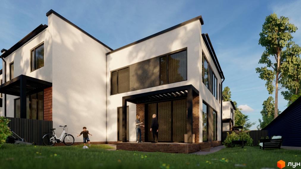 Таунхаус Lermontov з білими фасадами, великими вікнами та чорними перголами. На зеленій галявині біля будинку дитина грає у футбол.