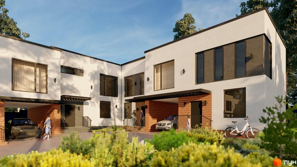 Таунхаус Lermontov: Фасади з білою штукатуркою та дерев'яними елементами, великі вікна, доглянута прибудинкова територія з рослинами.