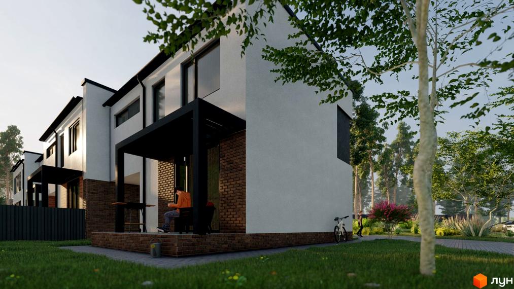 Таунхаус Lermontov: ряд будинків з білими стінами, цегляними вставками та чорними навісами. Навколо зелений газон, дерева та доріжки.