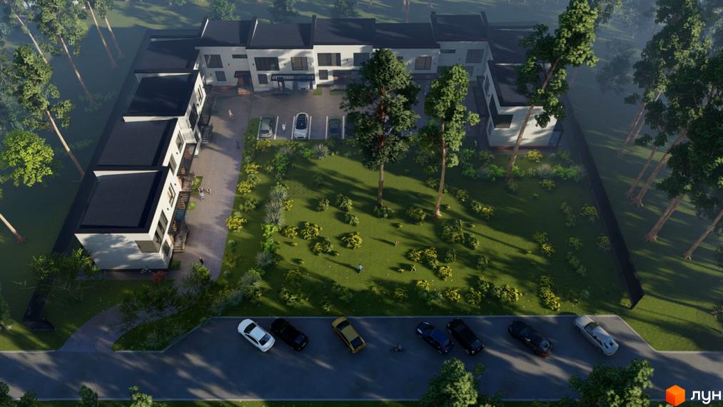Аерофото Таунхаус Lermontov: білі будинки з темними дахами, розташовані навколо зеленої території з деревами та парковкою.