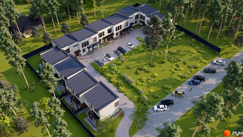 Зображення таунхаусів Lermontov з прибудинковою територією. На території є парковка, зелені насадження та пішохідні доріжки.