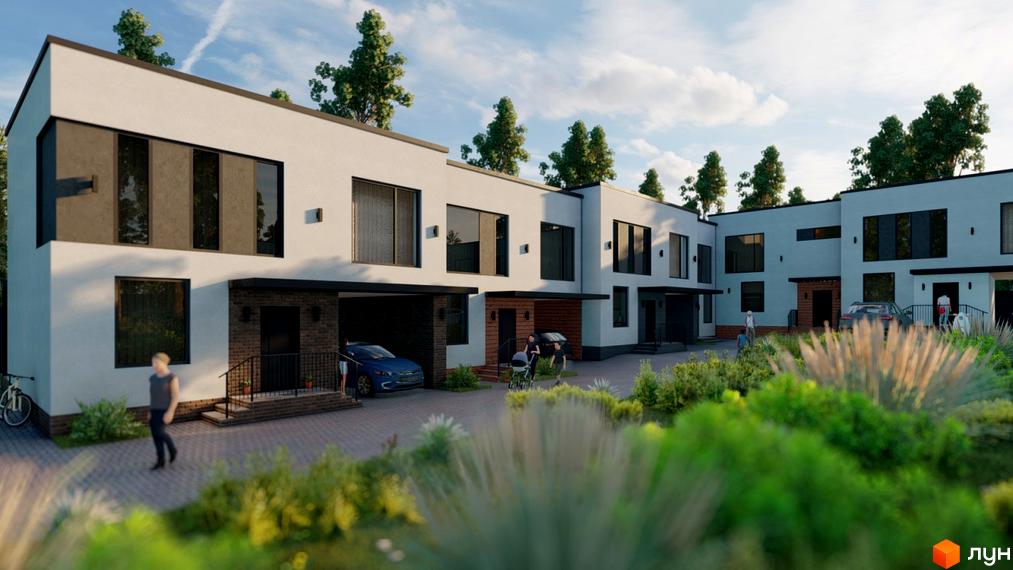 Зображення таунхаусів Lermontov. Вигляд комплексу з білими стінами та великими вікнами, перед будинками зелені насадження.