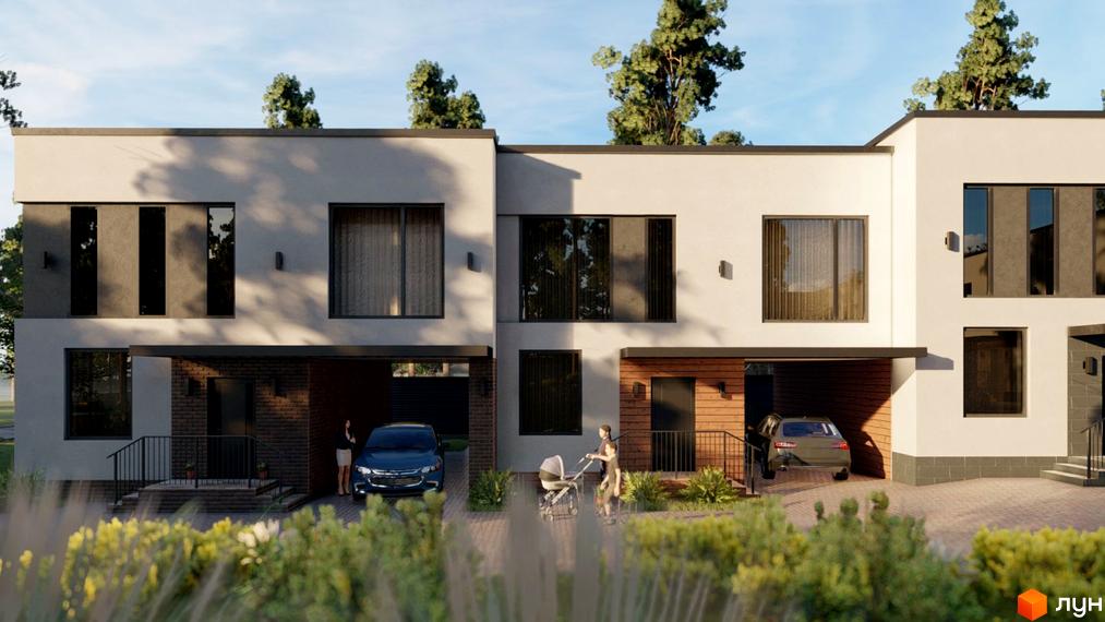 Ряд таунхаусів Таунхаус Lermontov з світлими фасадами, темними вікнами та вбудованими гаражами. На прибудинковій території видно людей, автомобілі та зелені насадження.