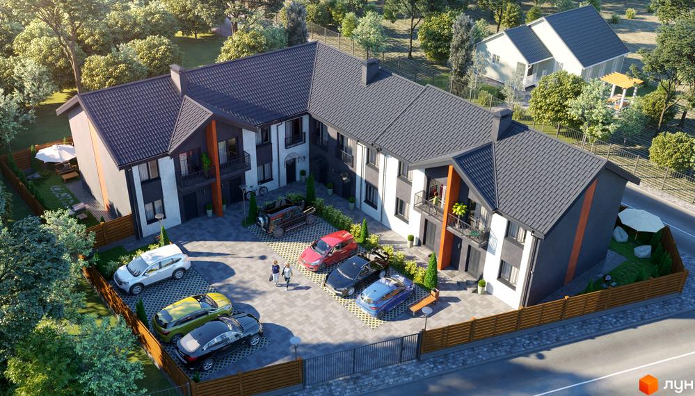 Таунхауси Cherry Town з сірим дахом та біло-сірими фасадами, з парковкою та зеленими зонами навколо. Зовнішній вигляд новобудови з прибудинковою територією.