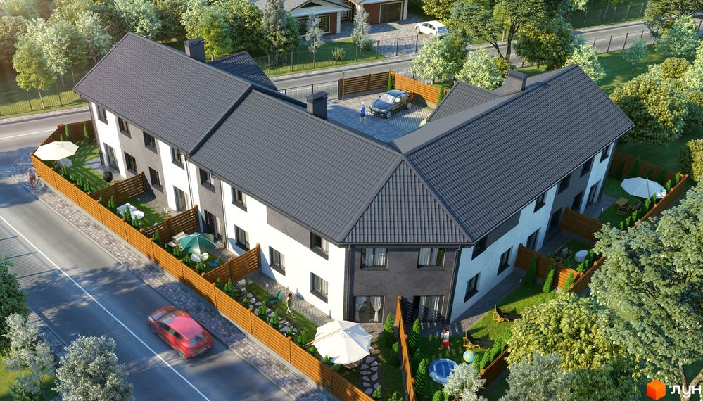 Зовнішній вигляд таунхаусів Cherry Town з сірими дахами та світлими фасадами, прибудинкова територія з зеленими газонами та дерев'яними парканами.