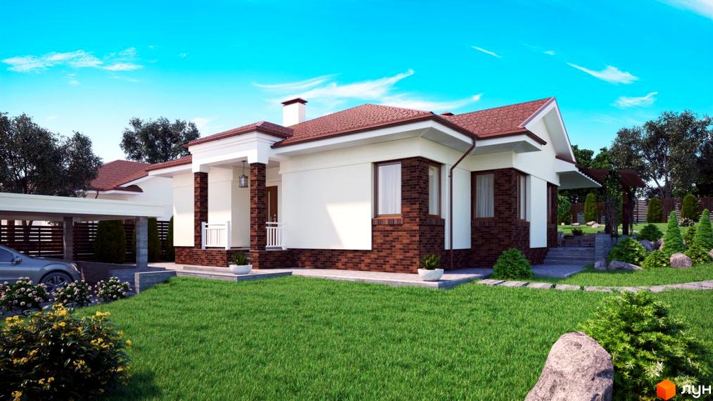 Котеджне містечко Country House: одноповерховий будинок з білими стінами, коричневою цегляною обробкою та дахом, зеленим газоном і ландшафтним дизайном.