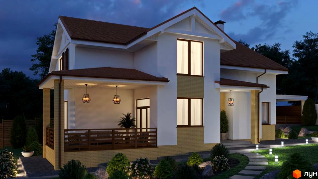 Зображення двоповерхового будинку в Котеджному містечку Country House з коричневим дахом та освітленою прибудинковою територією.