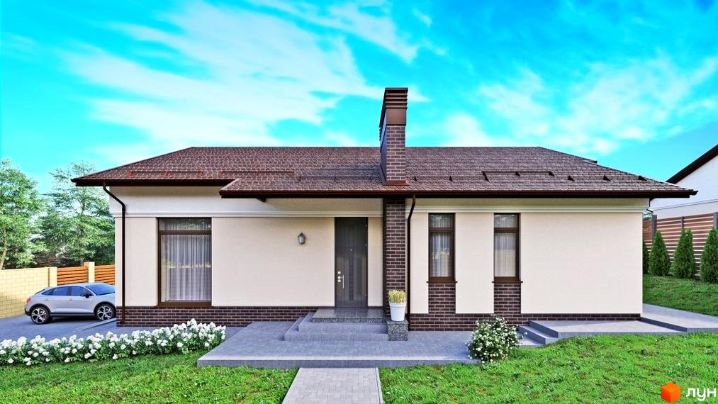 Зображення одноповерхового будинку з цегляною обробкою та зеленим газоном у Котеджному містечку Country House.