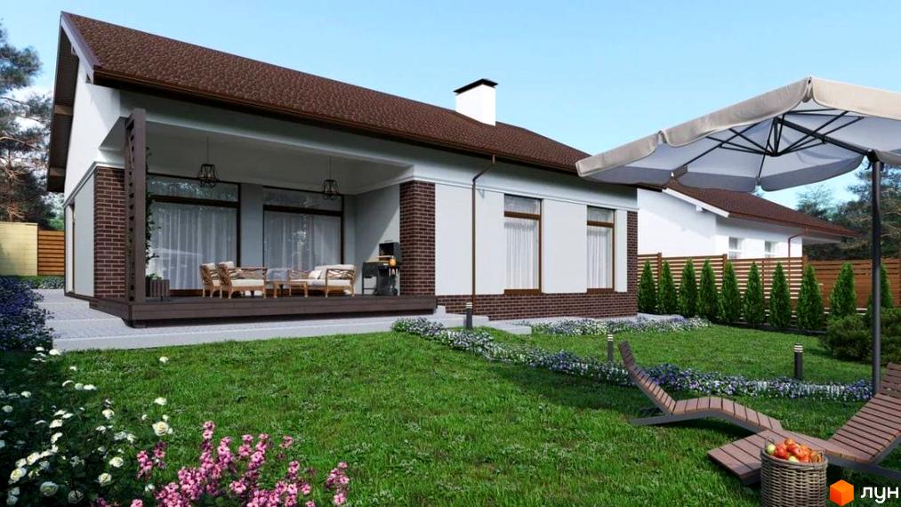 Зображення будинку в Котеджному містечку Country House з терасою та лаунж зоною у дворі. Навколо будинку зелений газон та декоративні рослини.