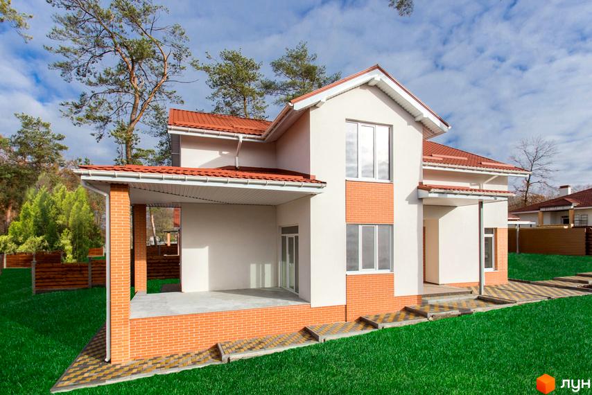 Двоповерховий будинок Котеджного містечка Country House з білими стінами та червоним дахом, оточений зеленим газоном.