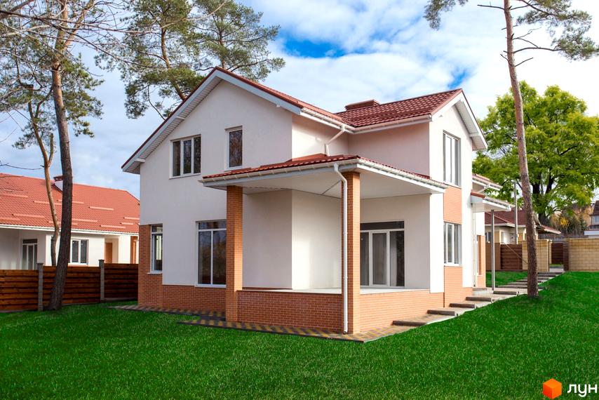 Двоповерховий будинок з білими стінами, червоною покрівлею та цегляними елементами у Котеджному містечку Country House. Навколо зелений газон та дерева.