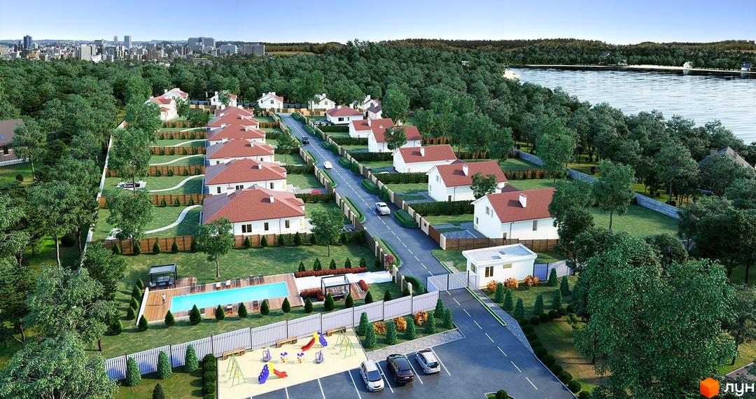 Котеджне містечко Country House: білі котеджі з червоними дахами, розташовані серед зелені з басейном та дитячим майданчиком біля озера.
