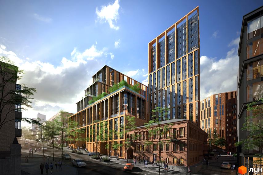 БФК Ermolaev Center – це новий житловий комплекс з цегляним фасадом та скляними елементами, що має багатоповерхові будівлі та зелені тераси. Навколо комплексу розташована міська вулиця з деревами та пішоходами.