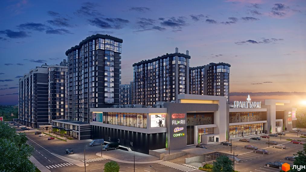 Житловий комплекс Гранд Бурже представлений багатоповерховими будівлями з темним фасадом та скляними елементами. На території комплексу розташований торговий центр з паркінгом та освітленими дорогами.