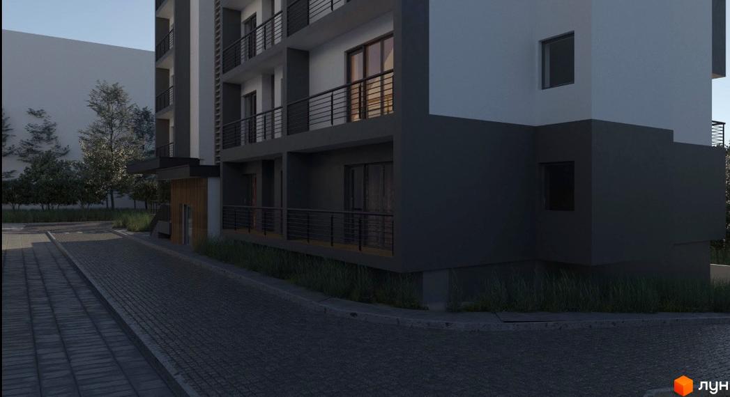 Зображення житлового комплексу Кошицький: багатоквартирний будинок з темно-сірим та білим фасадом, балконами, поруч бруківка та зелені насадження.