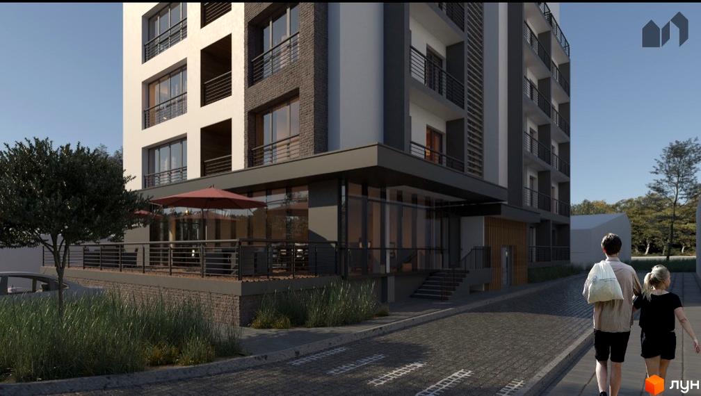 Житловий комплекс Кошицький: багатоповерховий будинок з білим та темним фасадом, балконами. Поруч тераса з парасольками, зелень та бруківка.