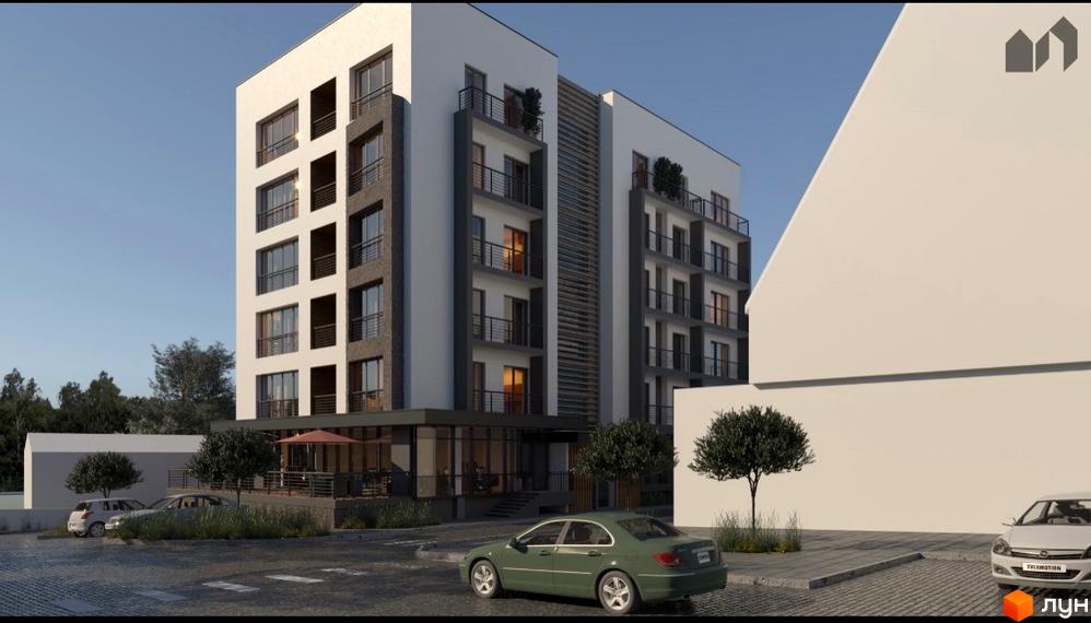 Зображення фасаду Житлового комплексу Кошицький. Багатоповерхова будівля з балконами та великими вікнами, поруч парковка та зелені насадження.