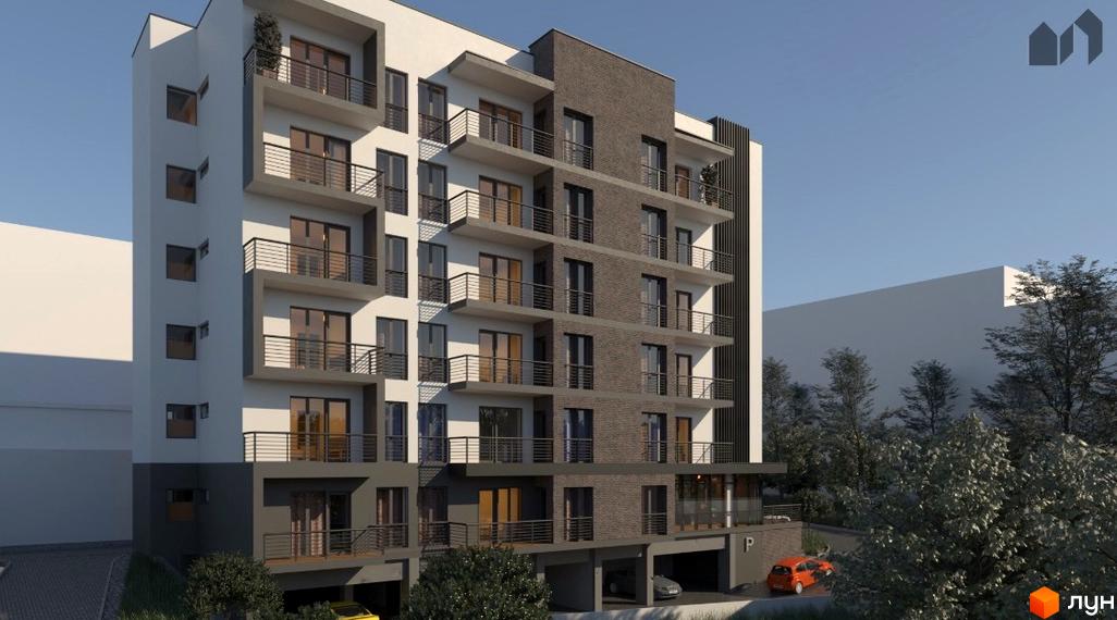 Зображення фасаду Житлового комплексу Кошицький з балконами та припаркованими автомобілями на території.