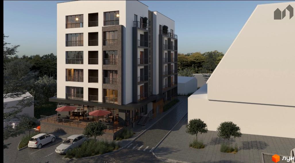 Новобудова Кошицький: багатоповерховий житловий будинок з білим фасадом, темними вставками та балконами. Прибудинкова територія має кафе, парковку та зелені насадження.