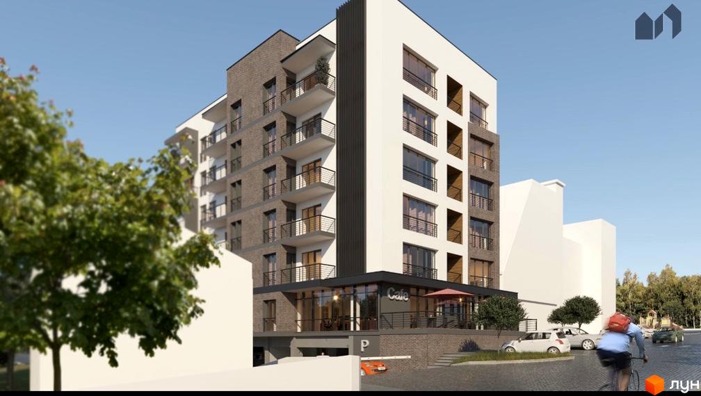 Зображення фасаду Житлового комплексу Кошицький, з балконами та панорамними вікнами. На першому поверсі розташоване кафе.