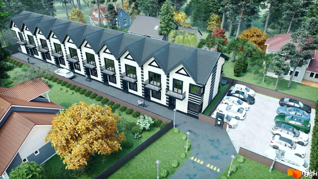 Зовнішній вигляд таунхаусів Smart House з індивідуальними балконами та парковкою біля будівель. Навколо зелена територія з деревами та сусідніми будинками.