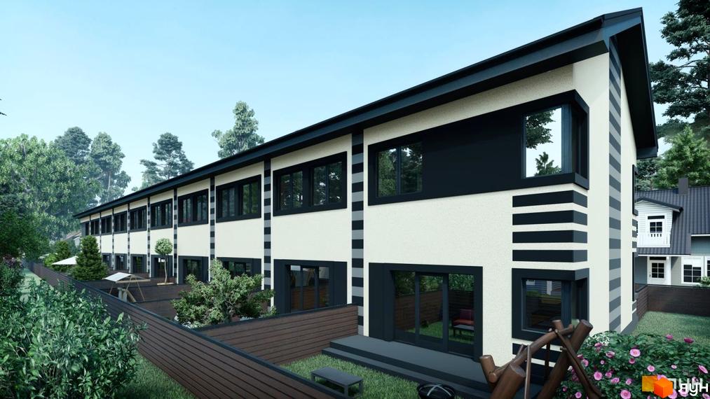 Таунхауси Smart House – це двоповерхові будинки з великими вікнами та темними елементами фасаду, розташовані на доглянутій прибудинковій території з зеленими насадженнями та парканом.