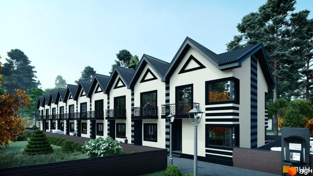 Зовнішній вигляд таунхаусів Smart House з чорними дахами та білими стінами, оточених деревами та зеленими насадженнями. На території комплексу є доглянутий газон та декоративні кущі.