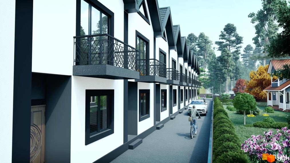 Таунхауси Smart House з чорними вікнами та балконами, розташовані вздовж дороги з зеленим ландшафтом та квітами.