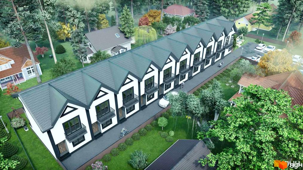 Таунхауси Smart House з чорними дахами та білими фасадами, розташовані серед дерев. На території є парковка та зелені зони.