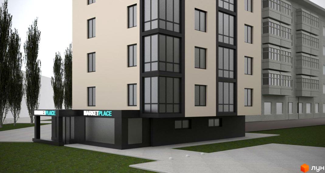 Зображення фасаду багатоповерхового будинку з великими вікнами. Біля будівлі зелена трава та тротуар.