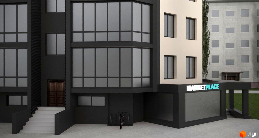 Новобудова на Кедровського: багатоповерховий будинок з темним та світлим фасадом, великими вікнами та магазином. Біля входу є сходи і велопарковка.