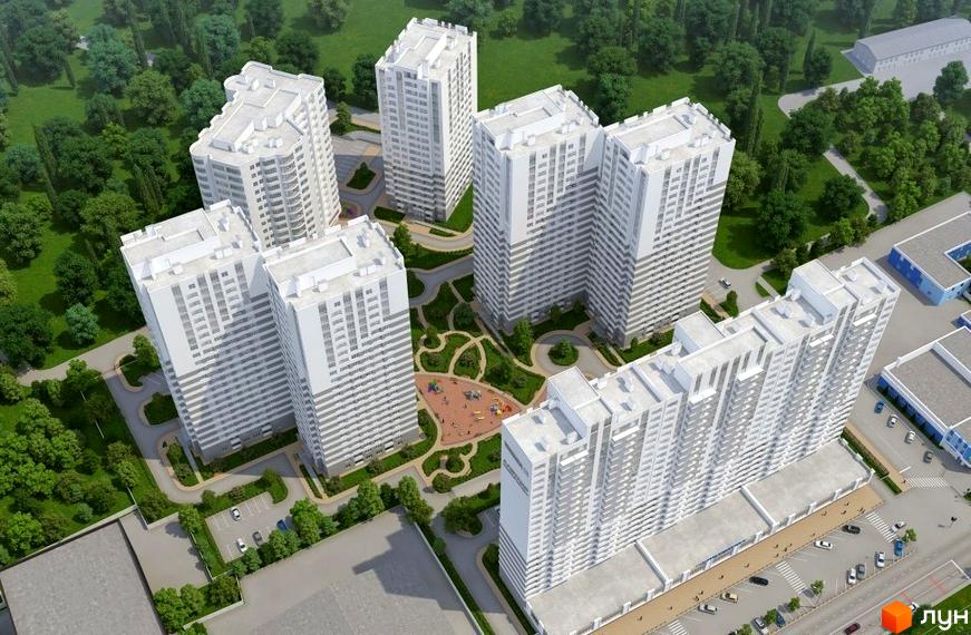 Високі білі будинки ЖК Альтаїр з великими вікнами. На території комплексу є дитячий майданчик та зелені насадження.