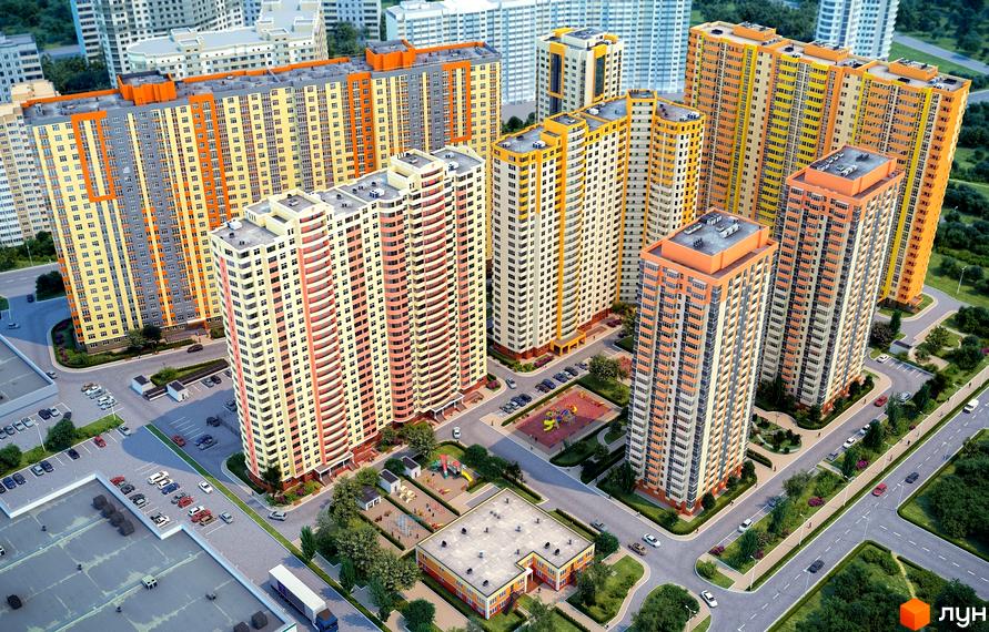 Житловий комплекс ЖК Яскравий з багатоповерховими будинками та прибудинковою територією з дитячим майданчиком і парковими зонами.