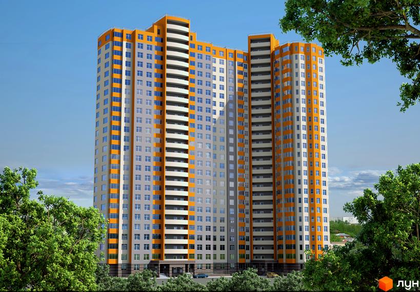 Житловий комплекс Яскравий – висотна новобудова з яскравим фасадом та балконами. Навколо будинку зелені дерева та блакитне небо.