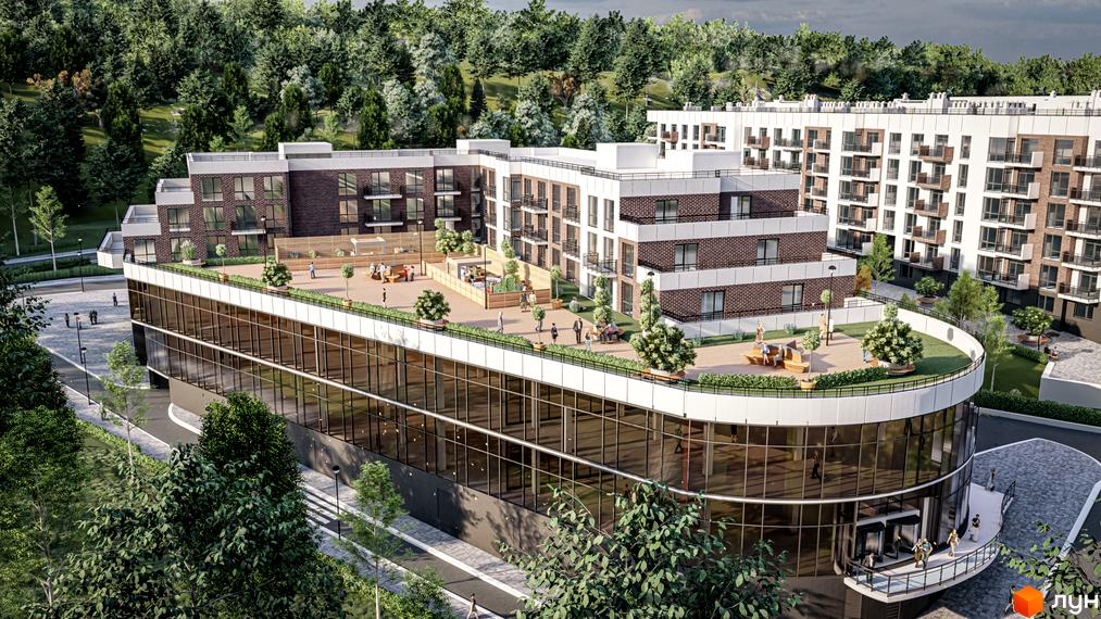 Житловий комплекс AUROOM FOREST з багаторівневими будинками, білими та цегляними фасадами. На даху розташовані зелені тераси з зонами відпочинку та деревами, оточені лісом.