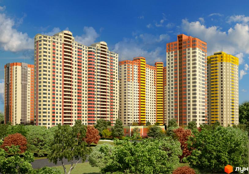 Житловий комплекс Яскравий з яскравими фасадами та балконами. Прибудинкова територія з зеленими насадженнями та алеями.