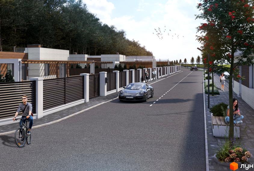 Котеджне містечко Vivere з сучасними будинками та доглянутою прибудинковою територією. На вулиці припаркований автомобіль, люди гуляють.