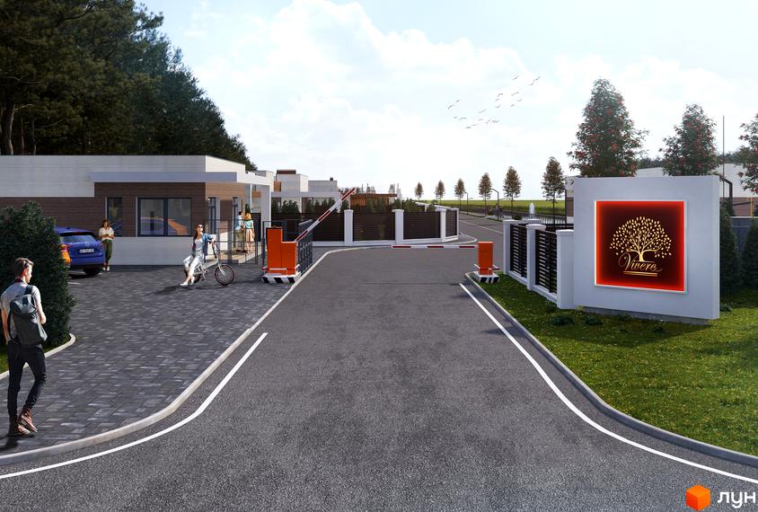 Котеджне містечко Vivere: сучасний в'їзд з шлагбаумом та логотипом комплексу. Територія з доглянутим газоном та деревами.