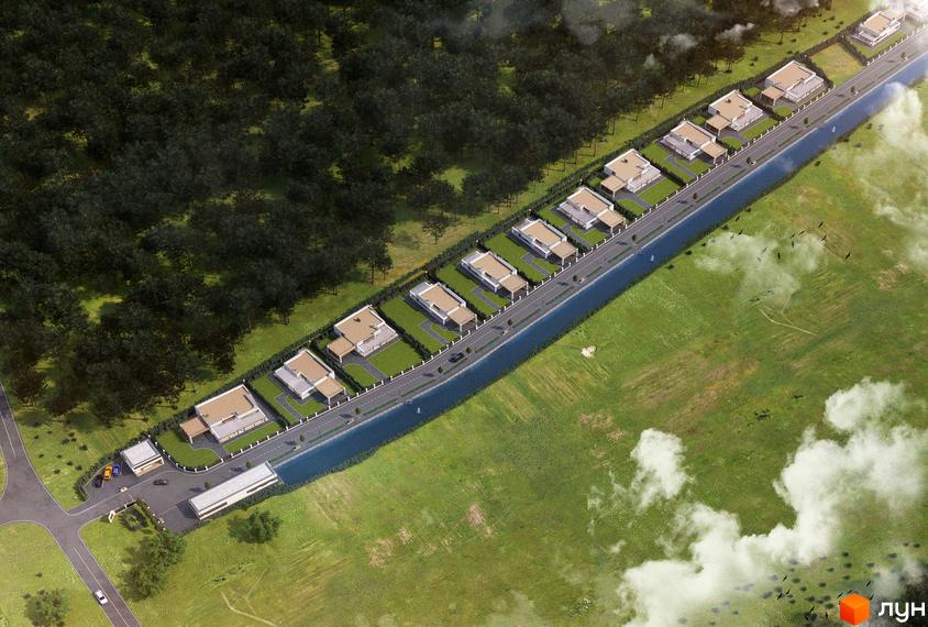 Котеджне містечко Vivere з сучасними будинками та доглянутою прибудинковою територією вздовж водойми.