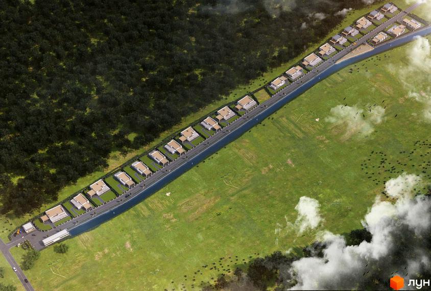 Зображення Котеджного містечка Vivere з будинками з світлими фасадами та доглянутою прибудинковою територією, розташованого вздовж дороги.