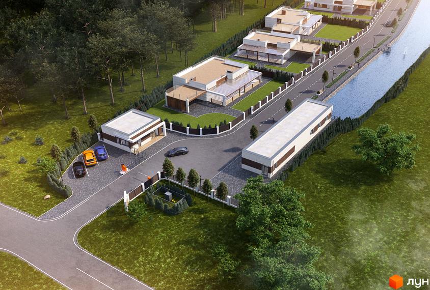 Котеджне містечко Vivere: сучасні будинки з плоскими дахами та прибудинковою територією з зеленими насадженнями та дорогою біля водойми.