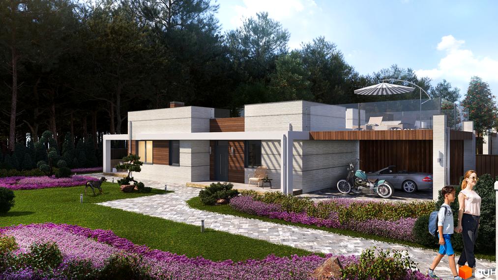 Будинок з білого каменю з гаражем, терасою та доглянутим газоном з квітами. Поруч з будинком доріжка з бруківки та зелені насадження.