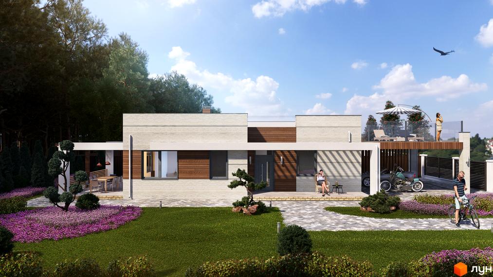 Зображення будинку КМ Vivere з терасою, великими вікнами та оздобленою прибудинковою територією з рослинами та доріжками.