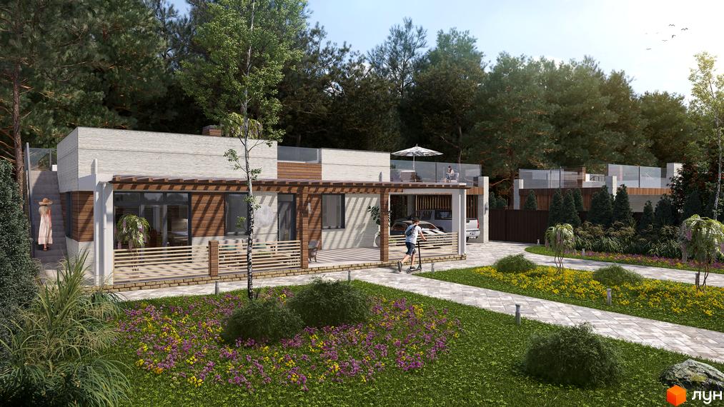 Котеджне містечко Vivere: одноповерхові будинки з дерев'яними елементами та терасами, оточені зеленню та квітучим садом.