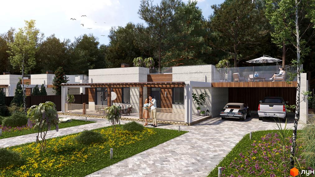 Котеджне містечко KМ Vivere: двоповерхові будинки з терасами та навісами для авто, оточені зеленню та квітучими рослинами. На прибудинковій території розташовані доріжки та зони відпочинку.