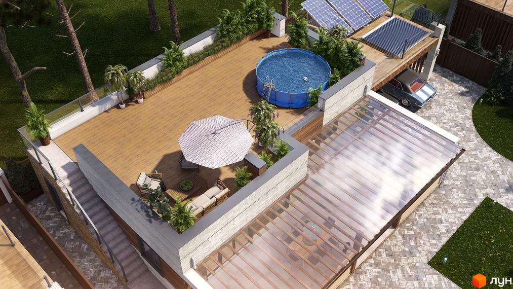 Котеджне містечко Vivere: будинок з терасою, басейном, сонячними панелями та місцем для паркування авто. На території є зелені насадження та зона відпочинку.